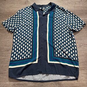 Express Shirt Men Large‎ Blue Geometric Viscose Camp Loop Collar Short Sleeve